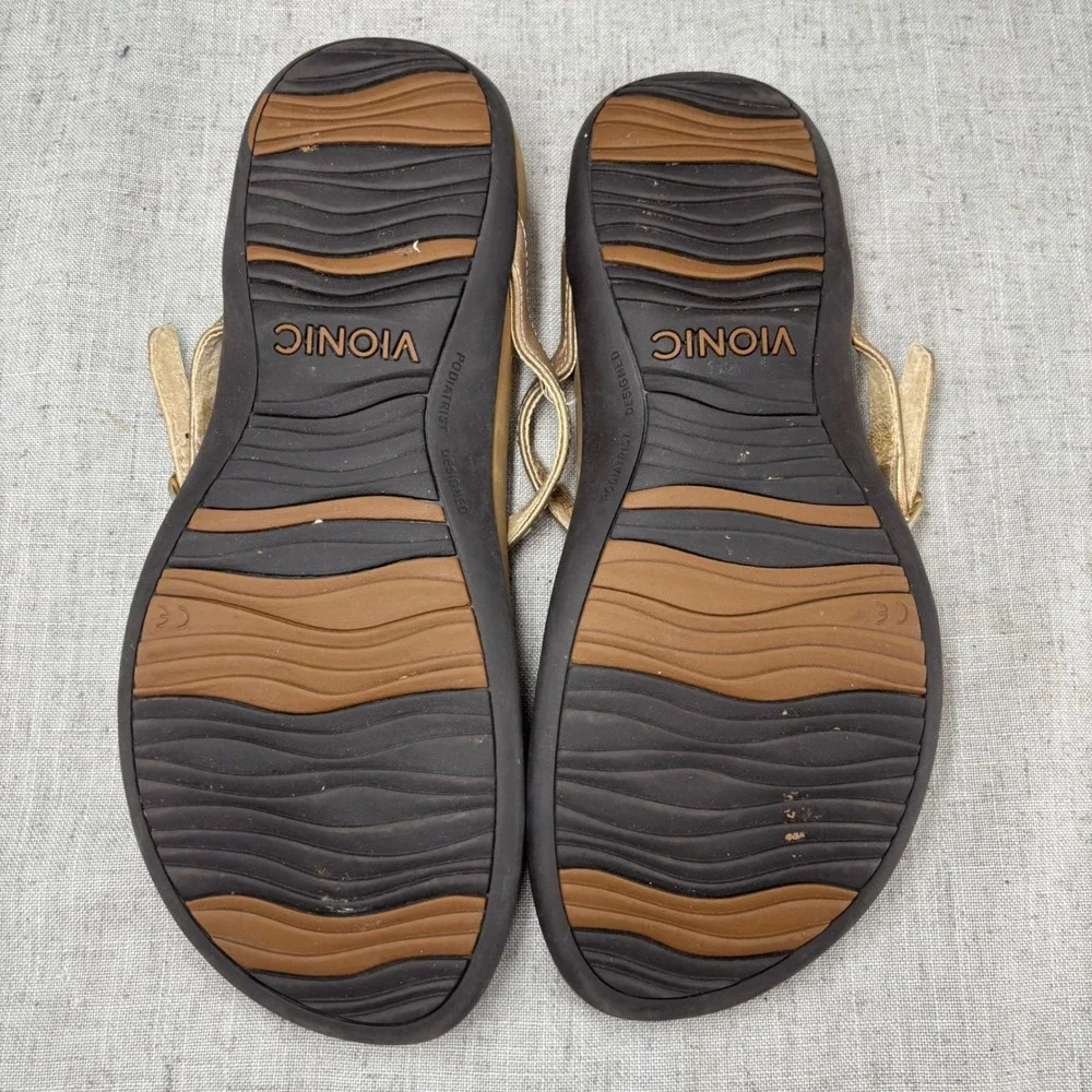 Vionic Karina Thong Sandals Gold Metallic Ring‎ Flip Flops Slides Women's 9 WIDE